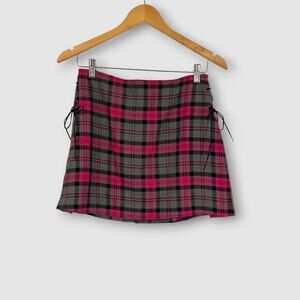 Y2k Vintage Lux Pink Plaid Mini Skirt Lace-Up Sides Size 5